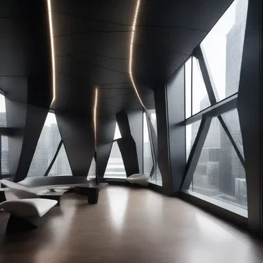The designer incorporated elements such as dark wood, sharp angles, and metal accents to animalise the interior of the futuristic building, creating a cold and inhuman atmosphere.