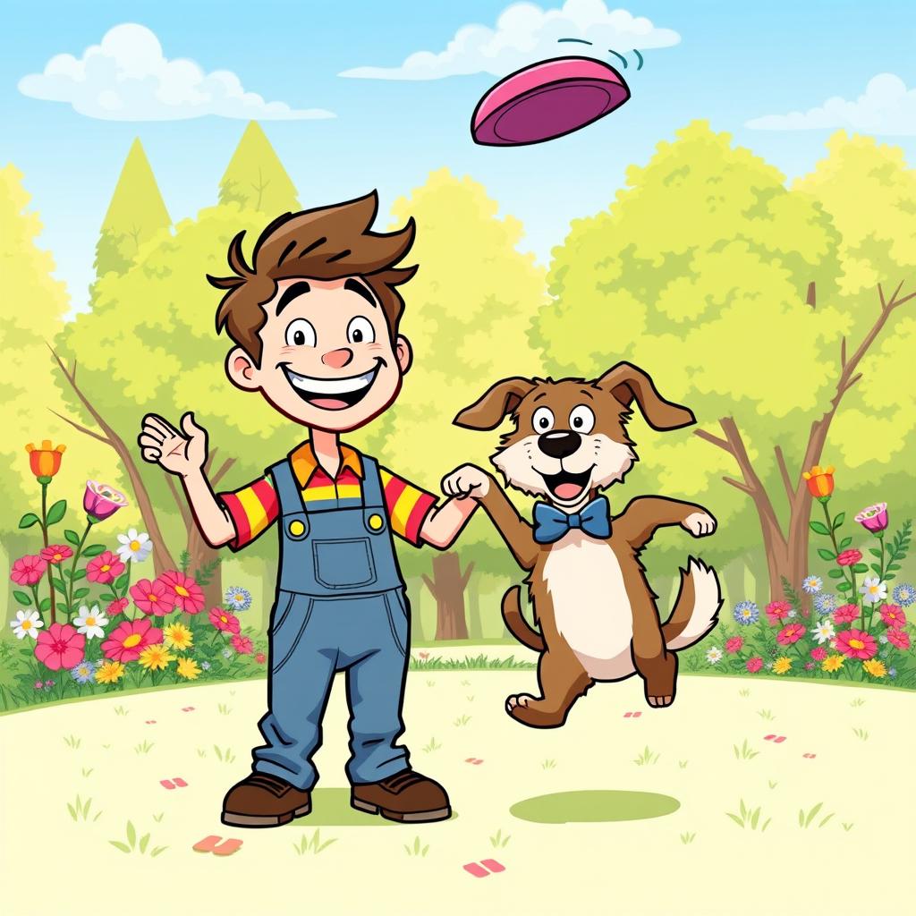 A playful and whimsical illustration of two cartoon characters named Hank and Beanz, where Hank is a cheerful young man with tousled hair and a big smile, wearing a colorful striped shirt and denim overalls