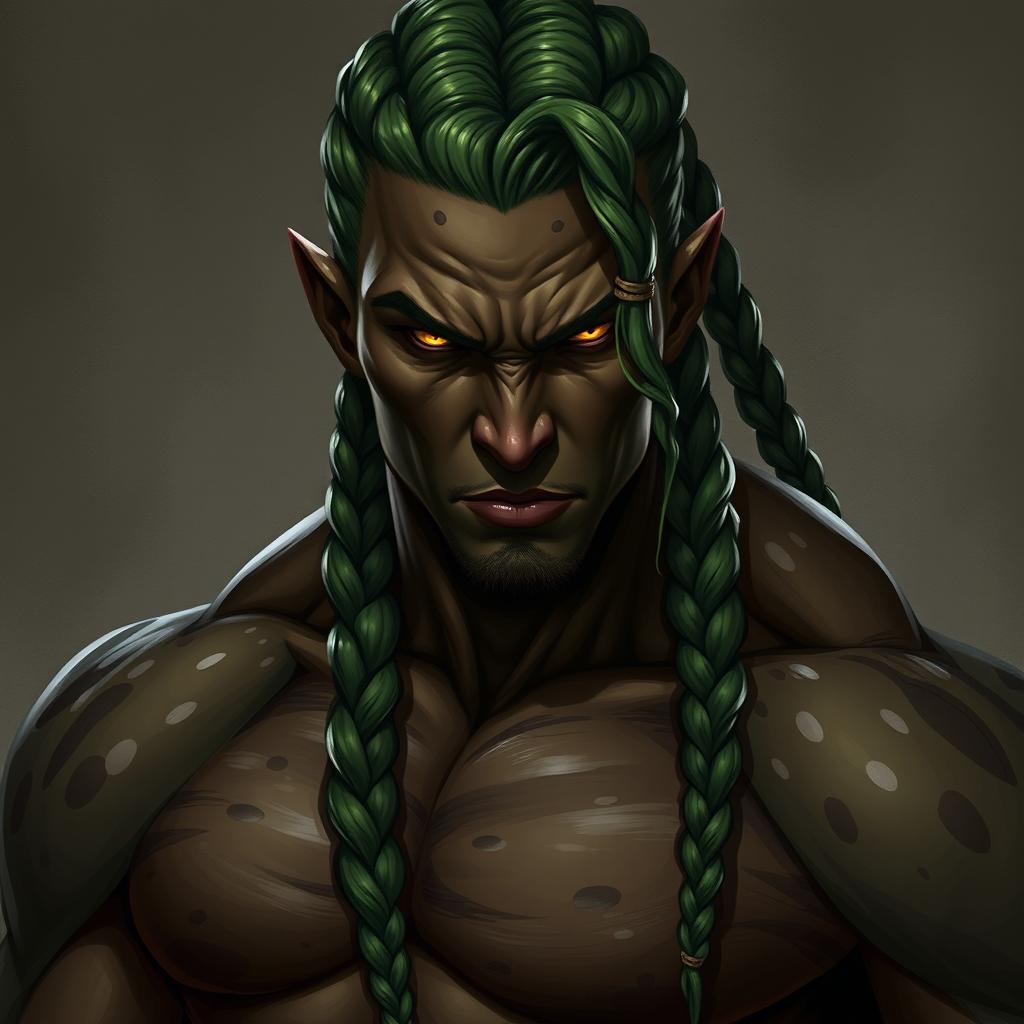 A dark fantasy half-orc character portrait, showcasing an androgynous body builder with deep olive skin featuring unique spots