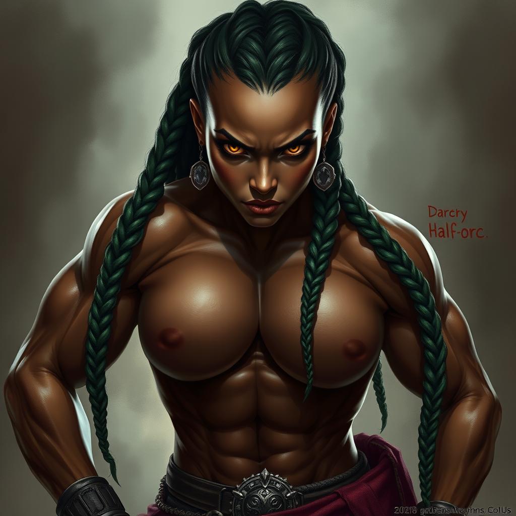A dark fantasy half-orc androgynous female bodybuilder with deep olive skin and intricate green braids