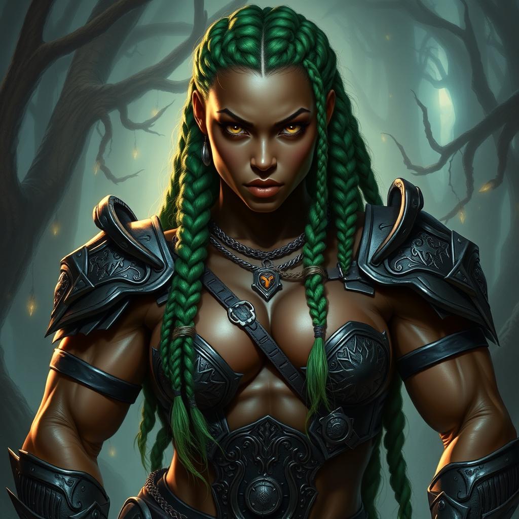 A striking full body portrait of a dark fantasy half-orc androgynous female bodybuilder, showcasing her powerful physique