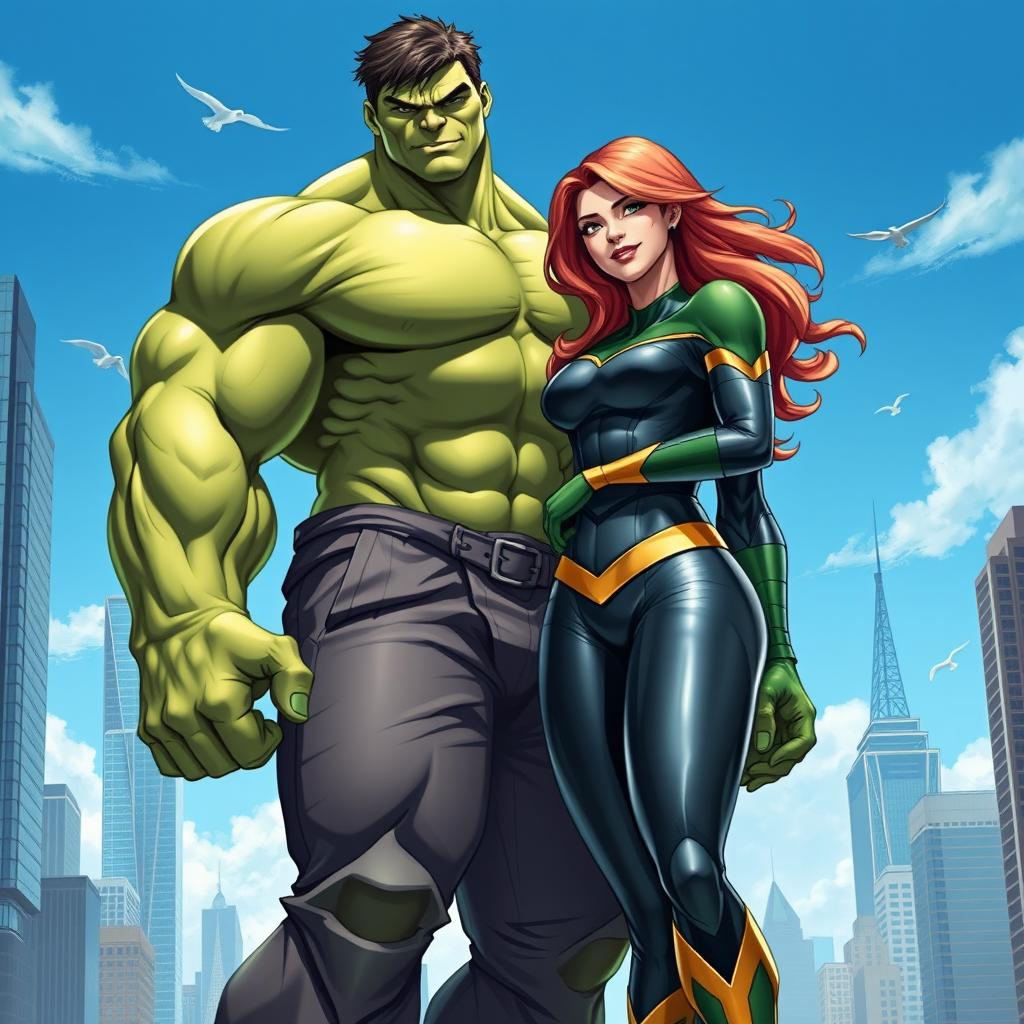 A muscular superhero inspired by the Hulk, depicted with an imposing, yet gentle demeanor