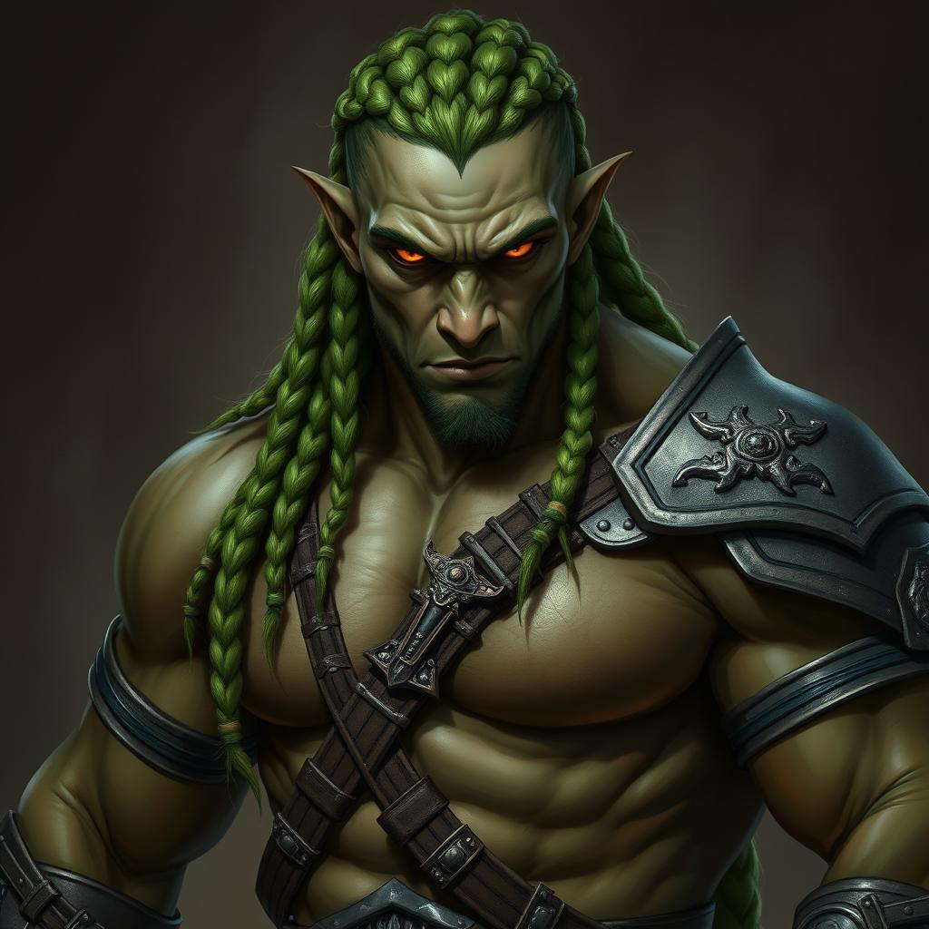 A dark fantasy character portrait of a half-orc with an androgynous face, featuring a muscular body builder physique