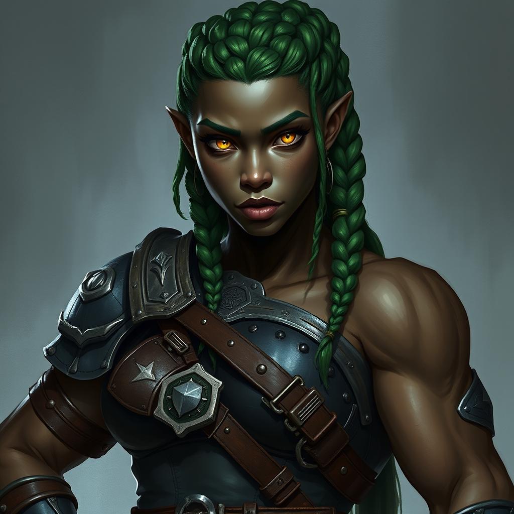A full-body portrait of a dark fantasy half-orc warrior featuring androgynous indigenous facial features