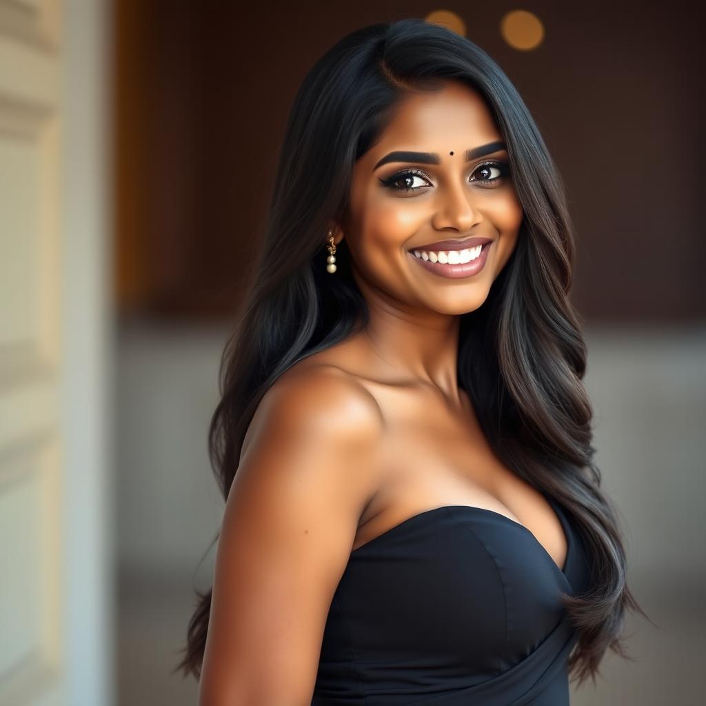 A stunning portrait of a South Indian woman with beautiful brown skin, dressed in a form-fitting black dress that accentuates her curves