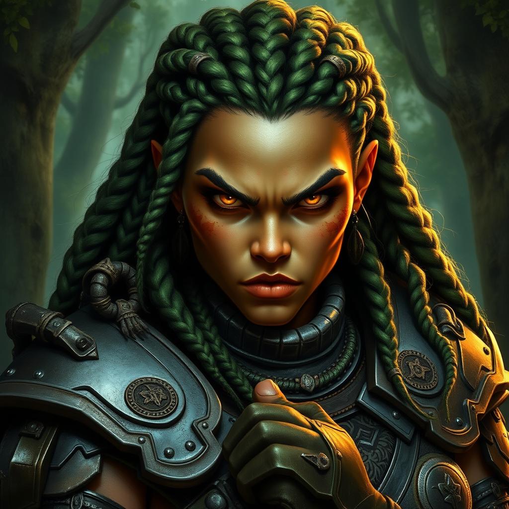 A powerful and fierce dark fantasy half-orc female warrior, showcasing indigenous facial features with striking olive skin and vibrant green braids