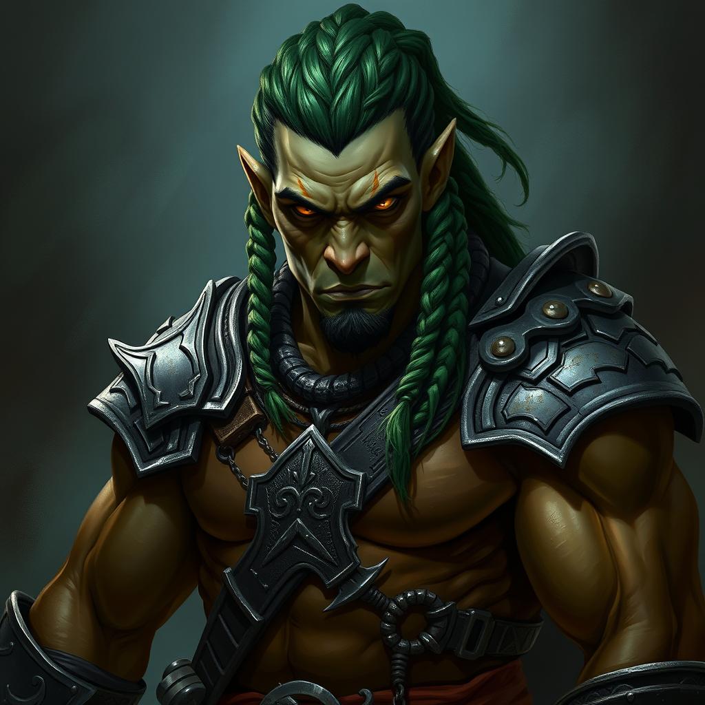 A dark fantasy character portrait of a half-orc, featuring indigenous facial features and an androgynous appearance