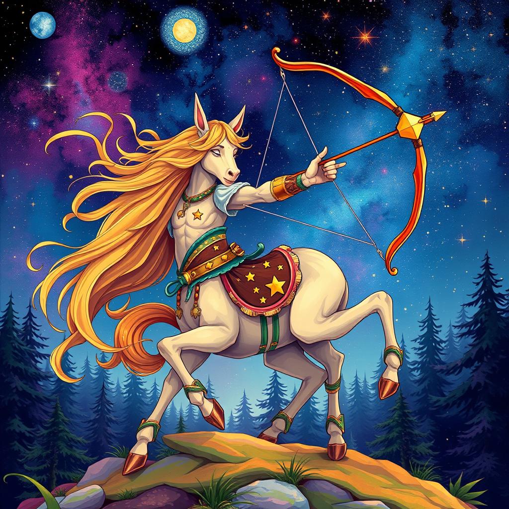 A beautifully illustrated representation of the zodiac sign Sagittarius, featuring a centaur archer aiming elegantly with a bow and arrow
