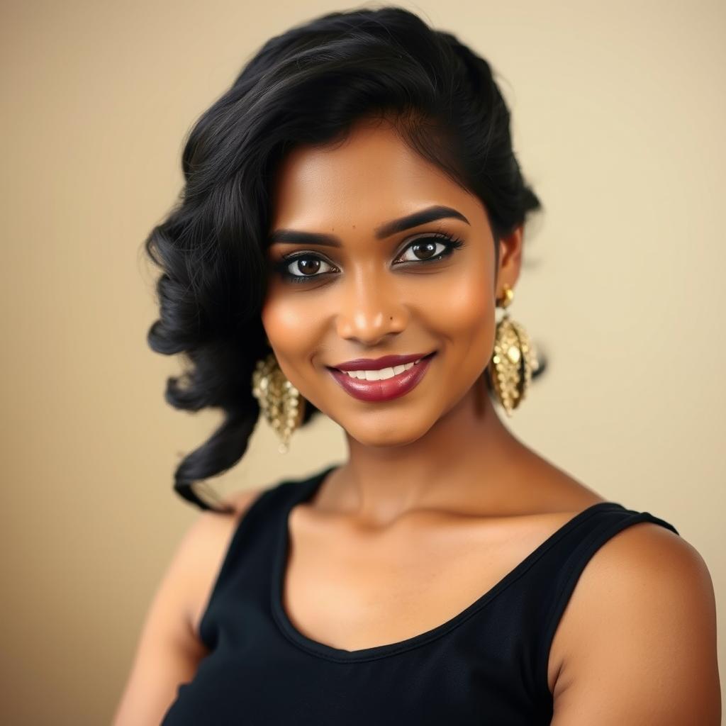 A stunning portrait of a South Indian woman with brown skin, featuring traditional facial features and dark, lustrous hair styled elegantly