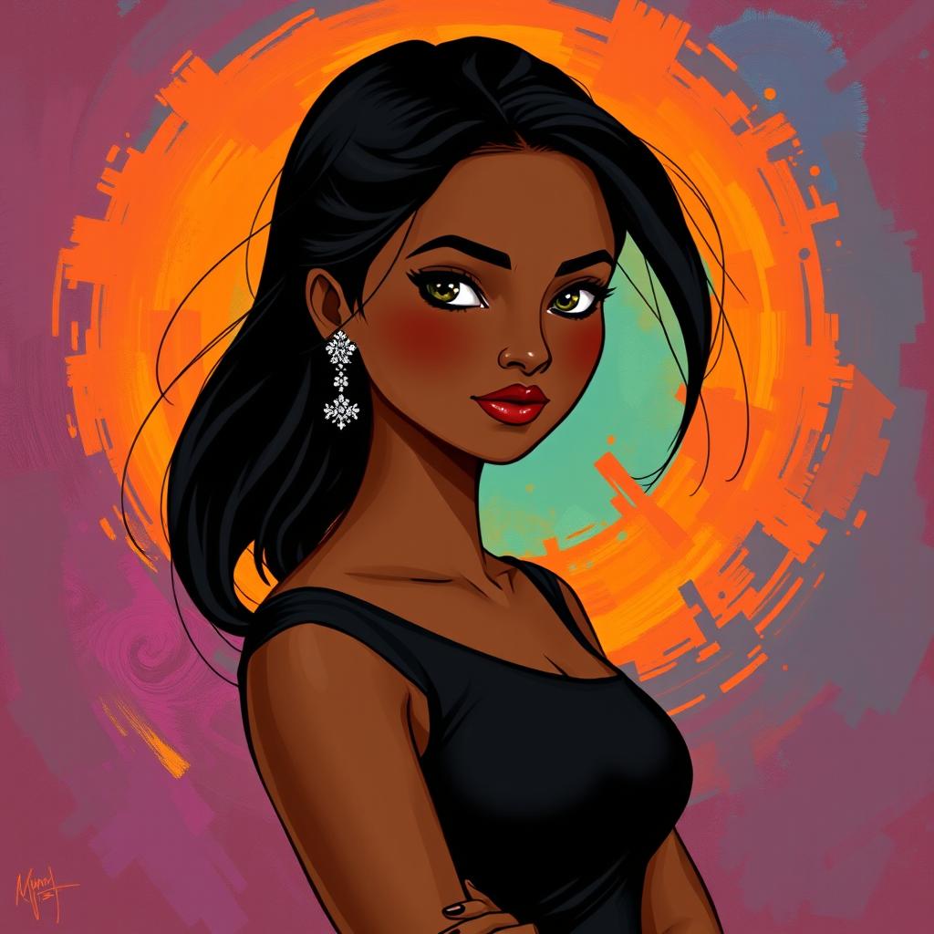 A stylized portrait of a South Indian woman with brown skin, featuring traditional facial characteristics and dark, sleek hair, depicted in an artistic, illustrated manner rather than hyper-realistic