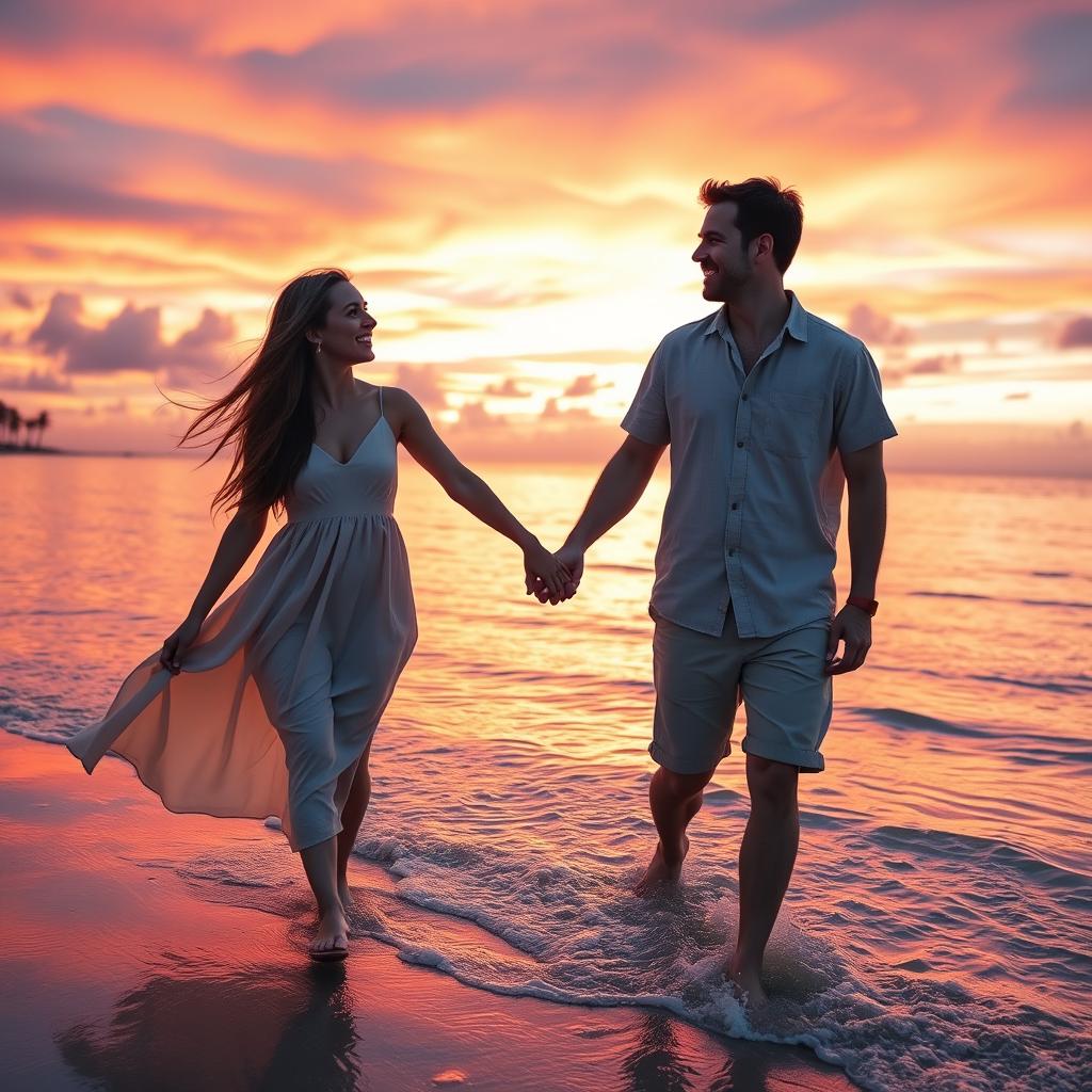 A romantic scene depicting a loving couple enjoying a sunset on a beautiful beach