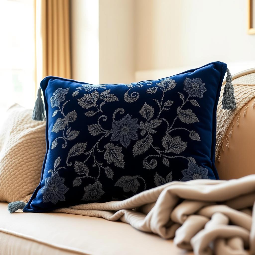 A luxurious and elegant decorative cushion featuring intricate embroidery, soft velvet fabric in rich royal blue color, adorned with silver tassels at the corners, placed on a beautifully arranged sofa in a warmly lit living room
