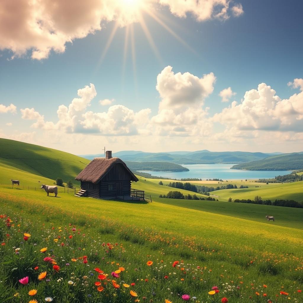 A picturesque landscape depicting a serene Polish countryside with rolling hills and expansive green fields, dotted with vibrant wildflowers