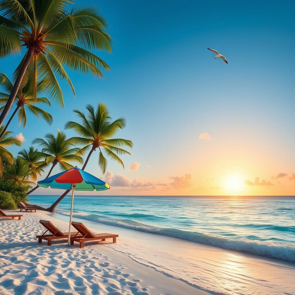 An inviting and lush tropical beach scene with crystal-clear blue waters gently lapping against the shore, white soft sand dotted with vibrant green palm trees