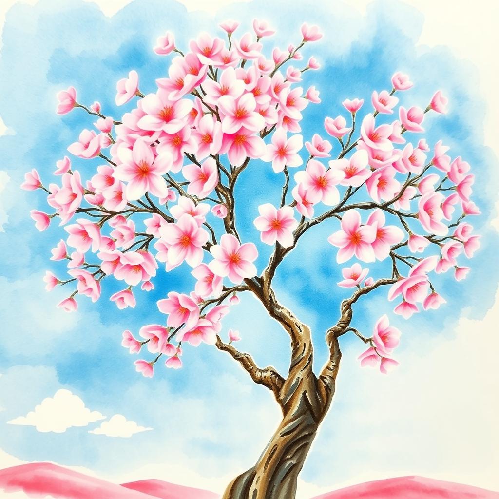 A beautiful watercolor painting of a cherry blossom tree in full bloom, showcasing delicate pink flowers against a clear blue sky