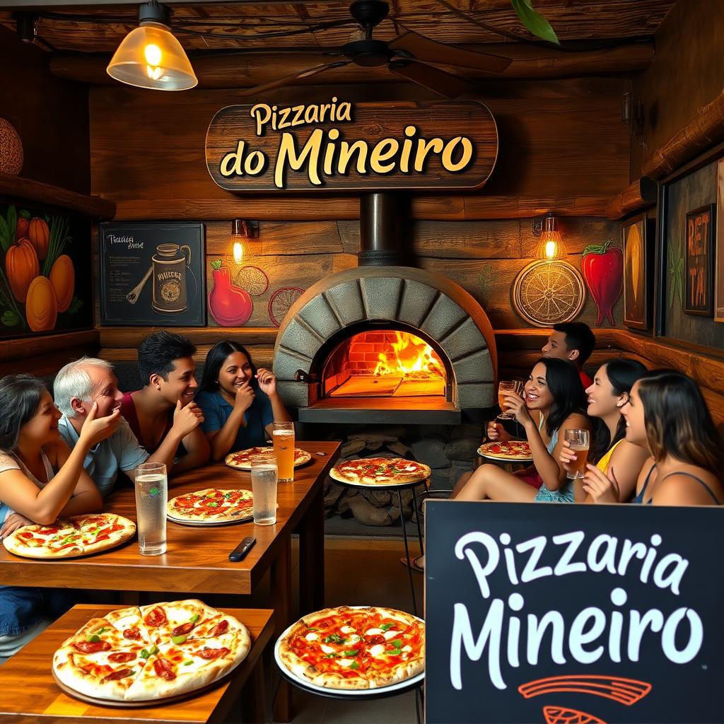 A cozy pizzeria called 'Pizzaria do Mineiro' featuring charming rustic decor inspired by Brazilian culture