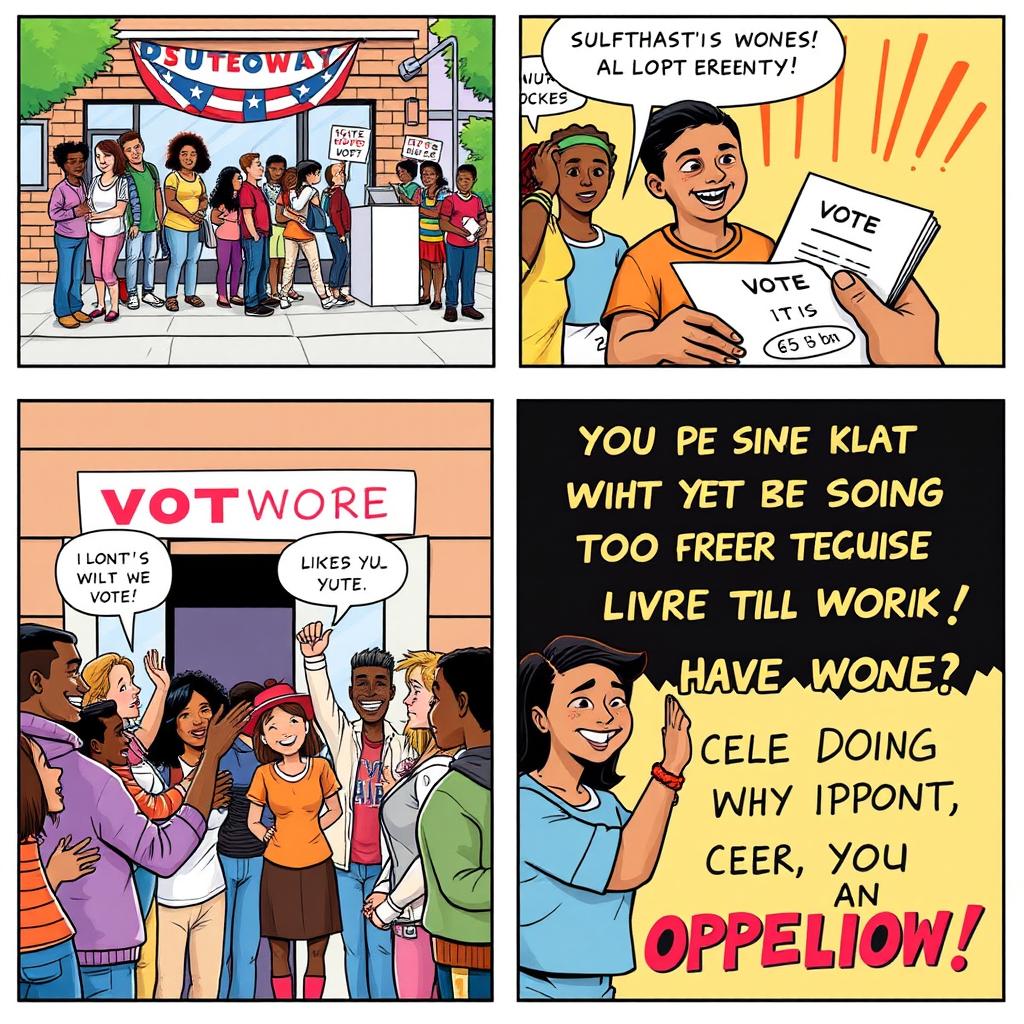 A vibrant comic strip illustrating the experience of going to vote in presidential elections