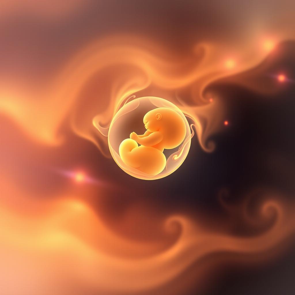 An artistic representation of a unique two-week pregnancy echo, featuring an abstract depiction of a developing embryo surrounded by soft, glowing colors