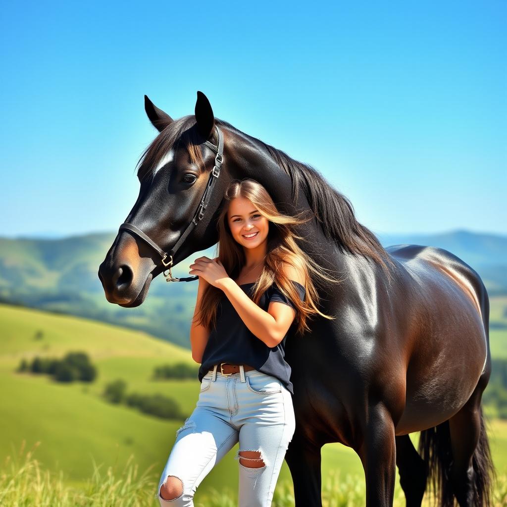 A stunning image of a young woman standing gracefully beside a majestic black stallion horse