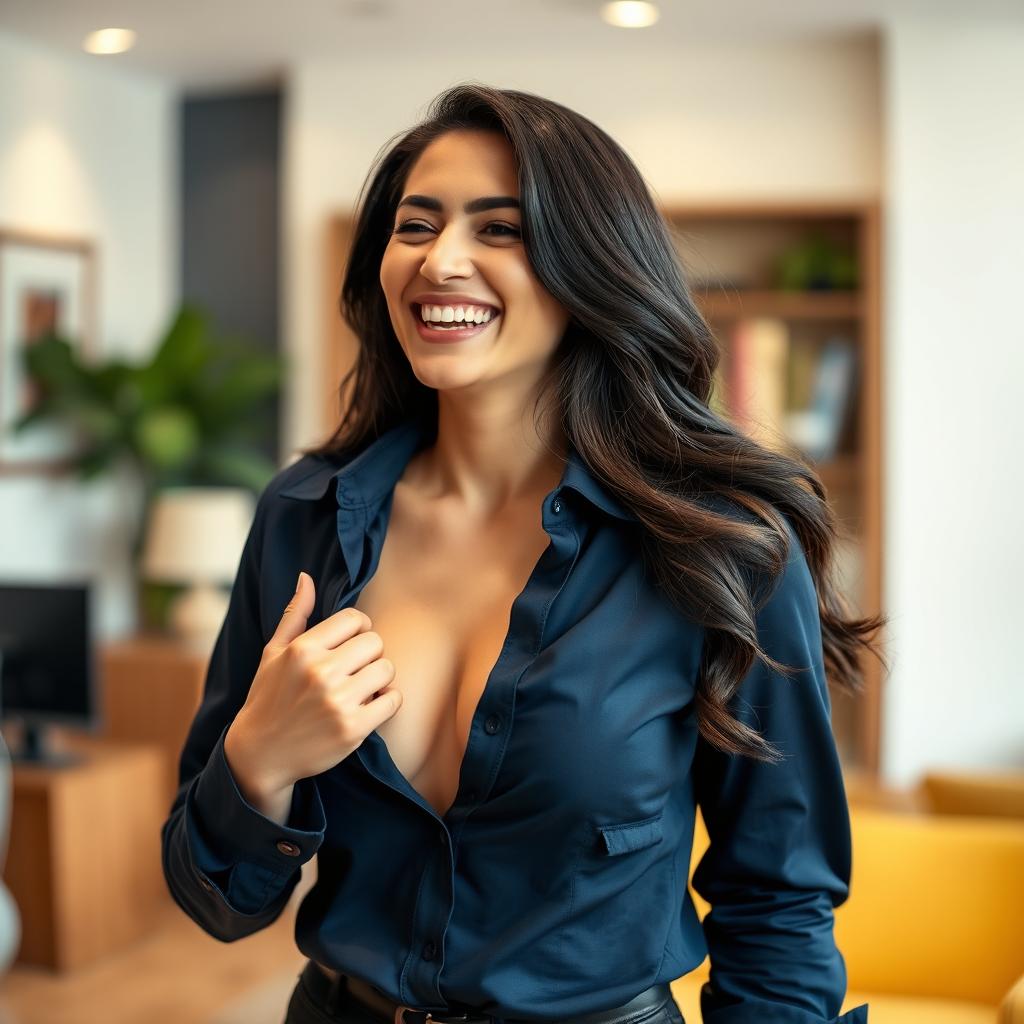 A confident Persian woman in her 30s, radiating happiness and charm, has playfully unbuttoned her dark blue shirt, revealing elegant silhouettes