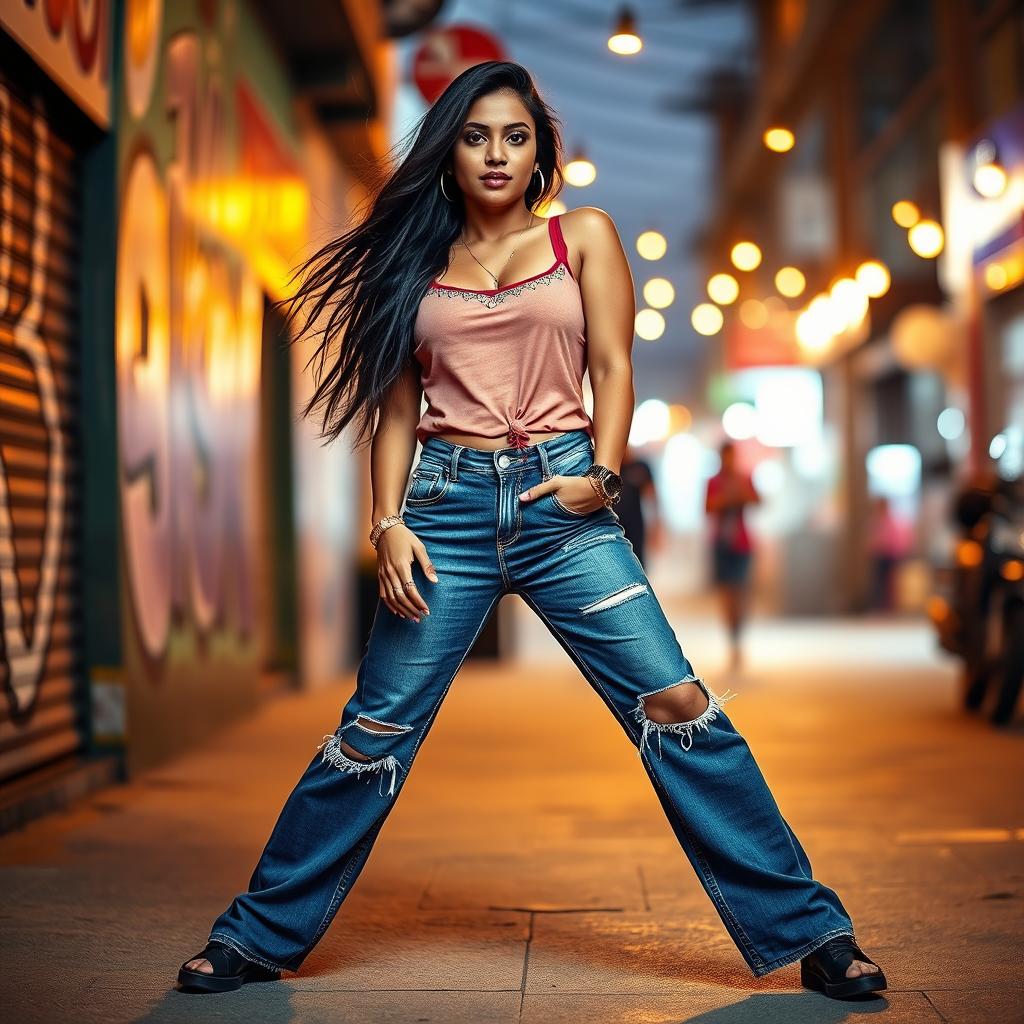 A fashionable Indian woman confidently posing in a pair of stylish jeans, showcasing a relaxed yet trendy posture with her legs slightly spread apart