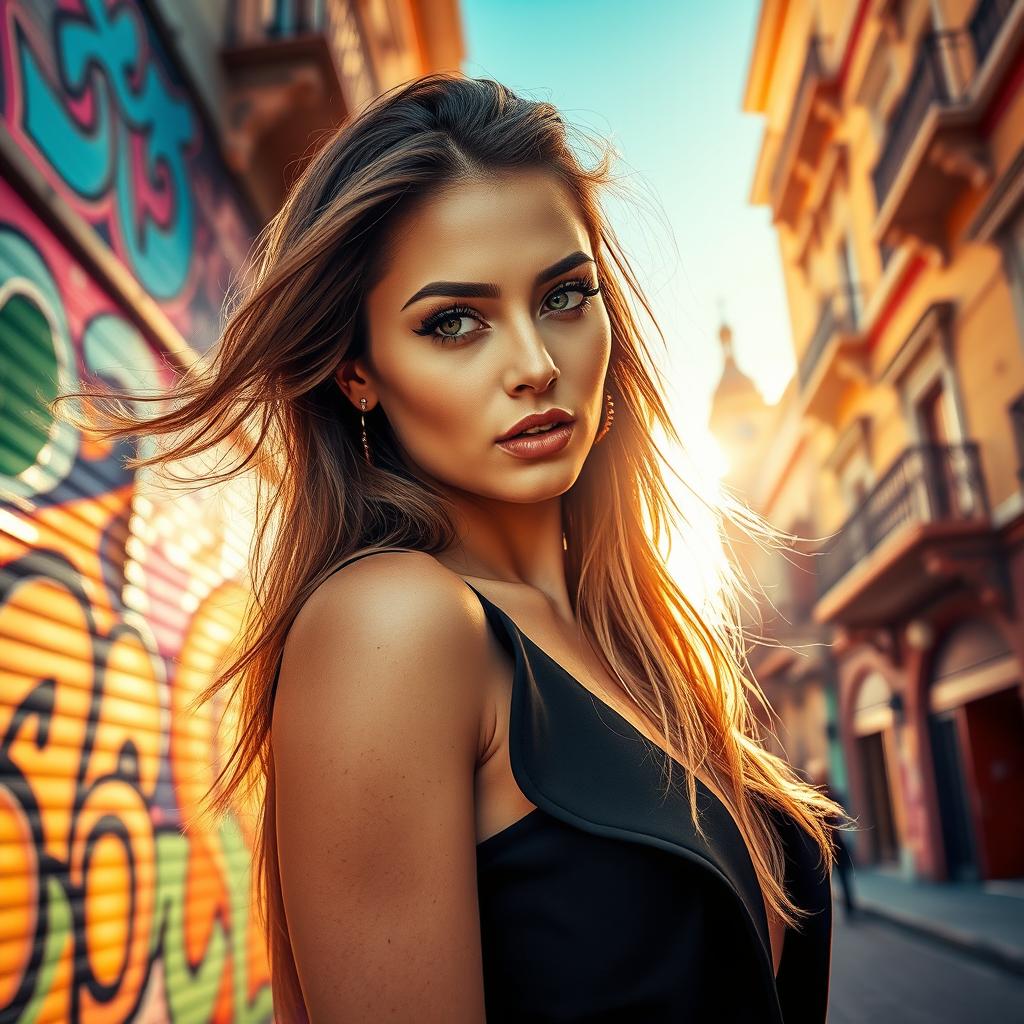 A creative montage image featuring a beautiful woman in a vibrant urban setting, showcasing a blend of colorful street art and elegant architecture