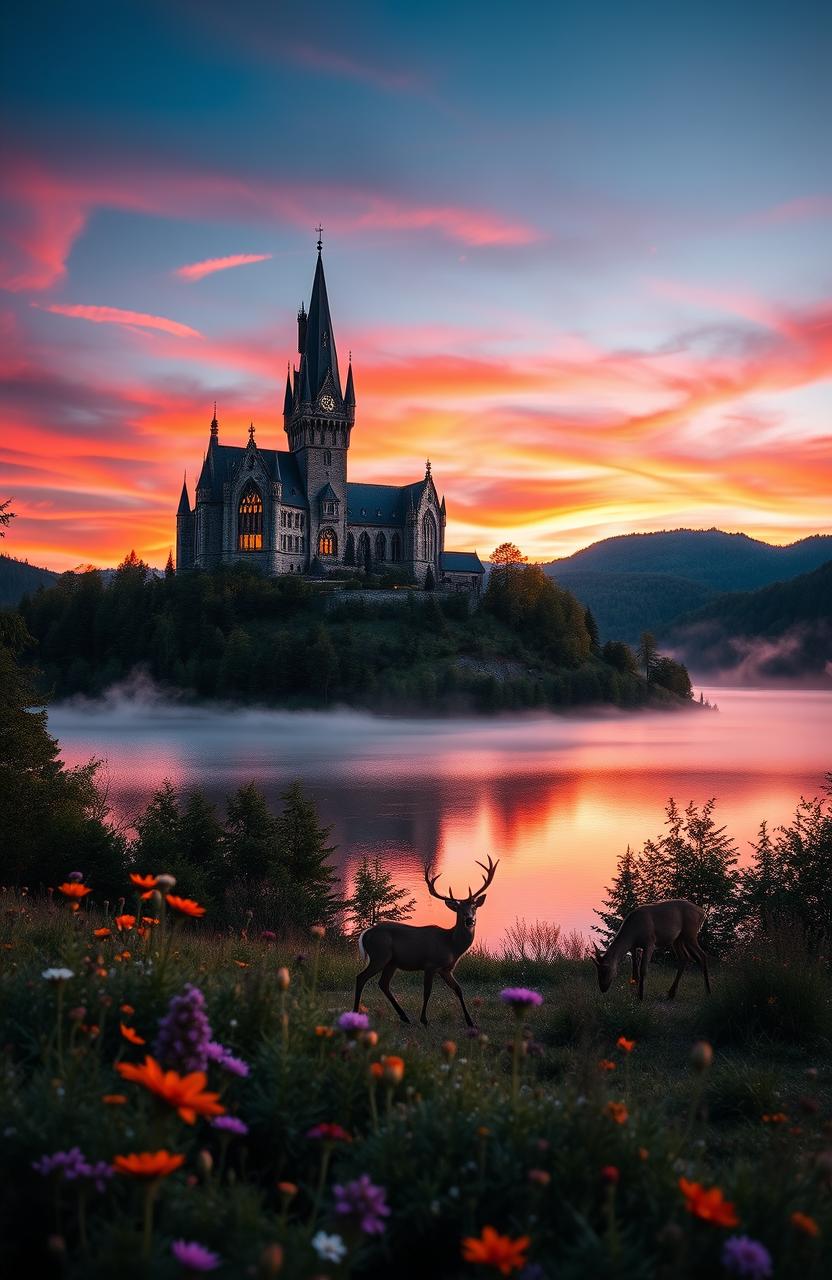 A beautiful, gothic-style castle on a hill during sunset, surrounded by lush forests and a serene lake reflecting the colors of the sky