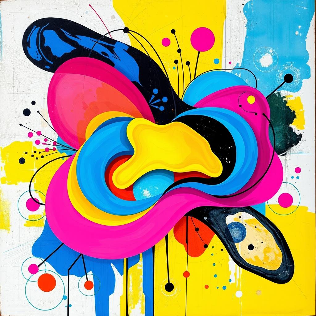 A vibrant artwork inspired by Felipe Pastores' unique style, featuring colorful abstract shapes and fluid forms