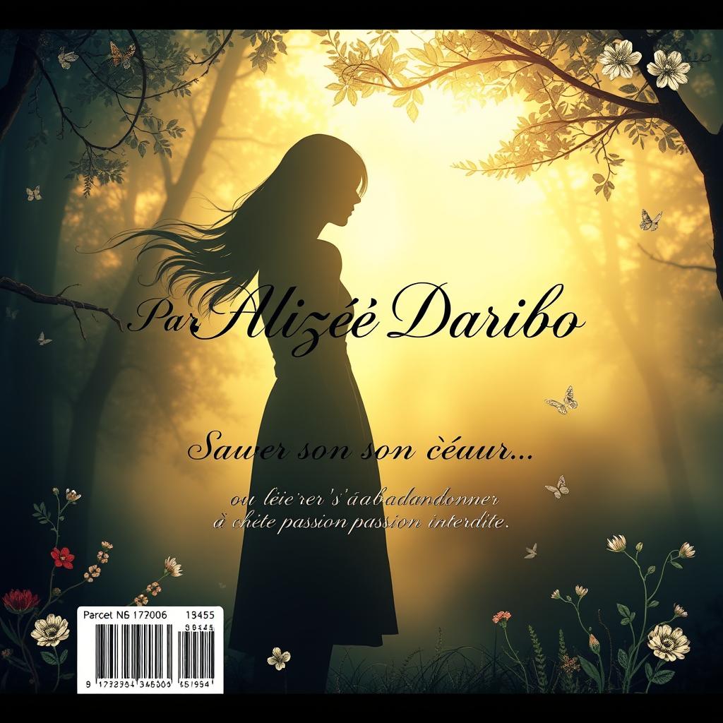 In a beautiful, enchanting book cover design for the back of a novel titled 'Par Alizée Daribo', we see a misty forest glade bathed in soft, golden light