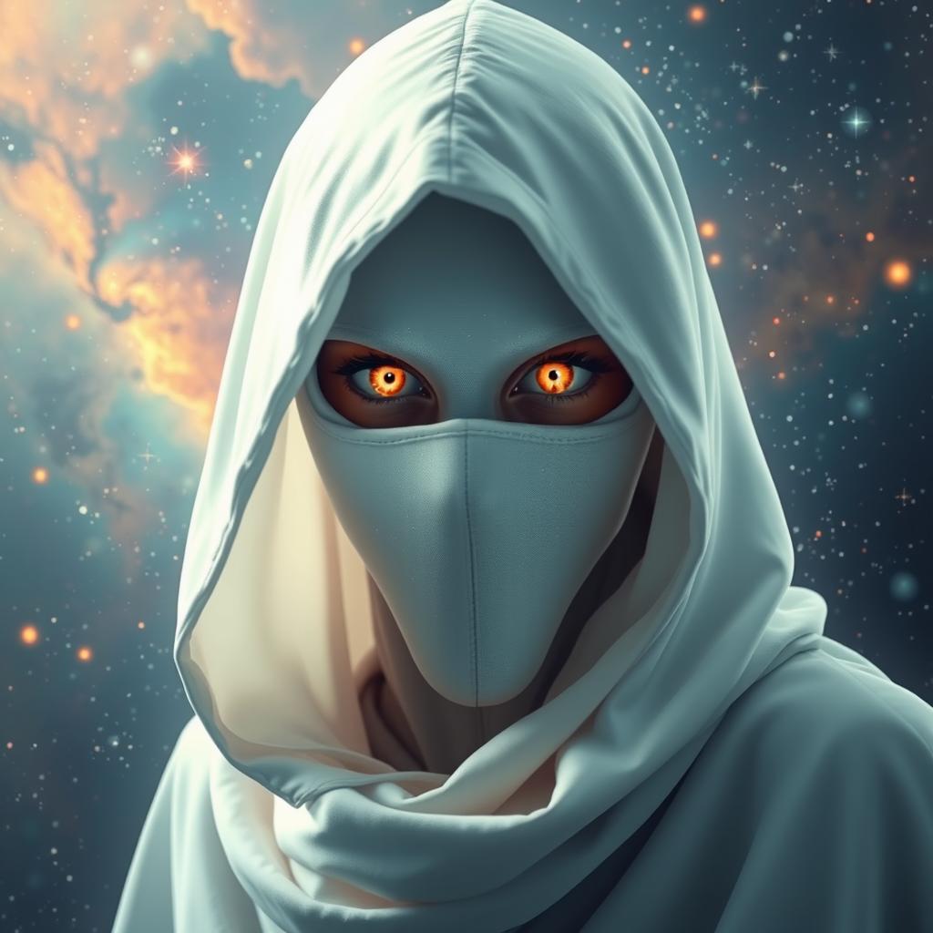 A mysterious figure shrouded in a white hooded cloak, wearing a white mask that obscures their identity