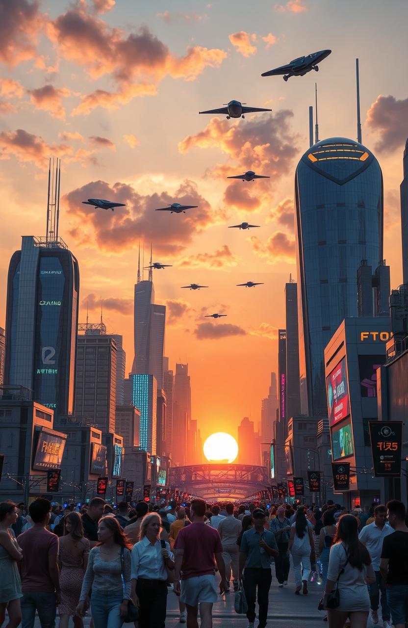 A futuristic city skyline at sunset, filled with glowing neon lights and flying vehicles