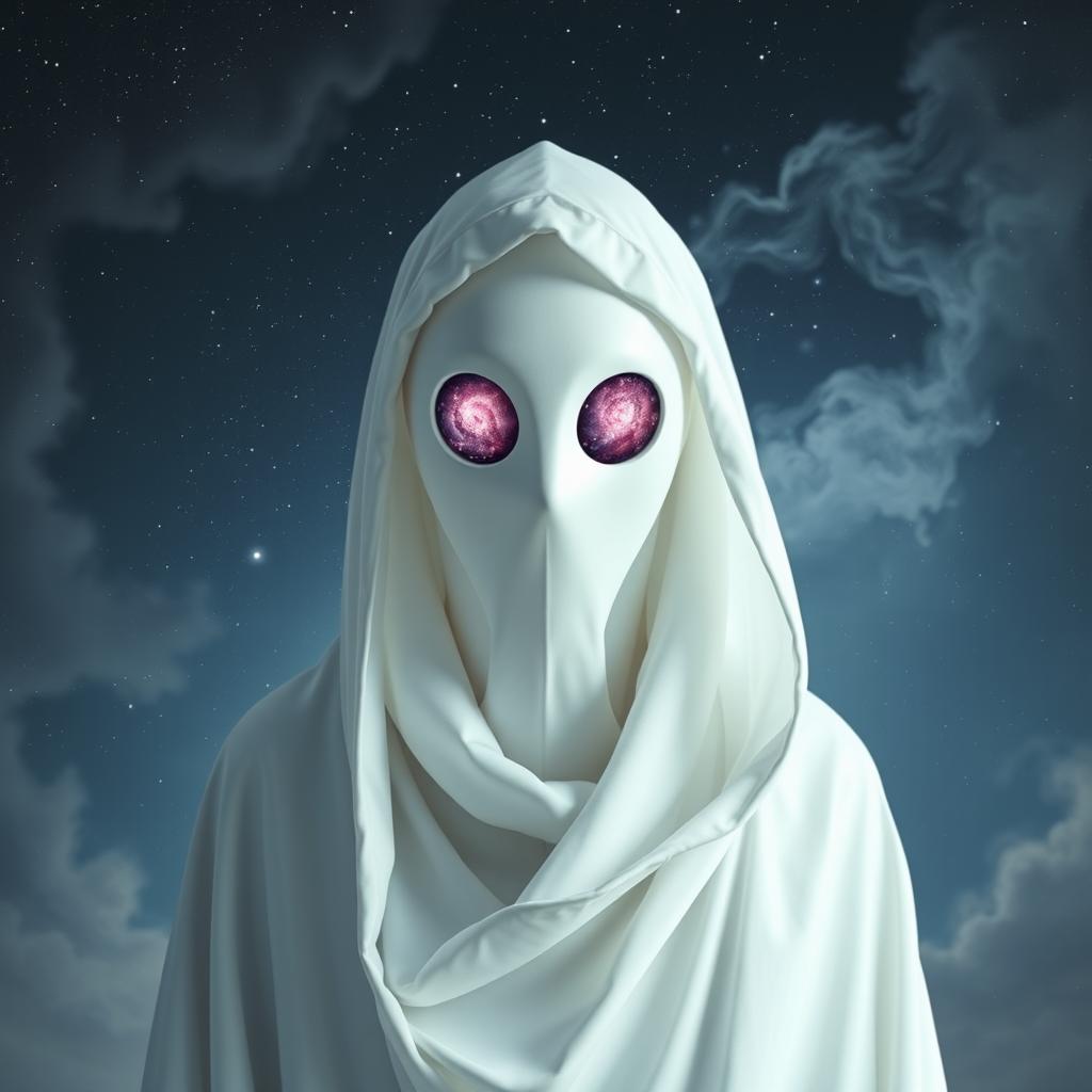 A celestial being cloaked in a flowing white robe and wearing a featureless white mask