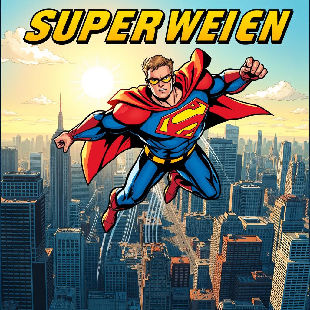 A dynamic superhero in action, flying through a city skyline, striking a heroic pose