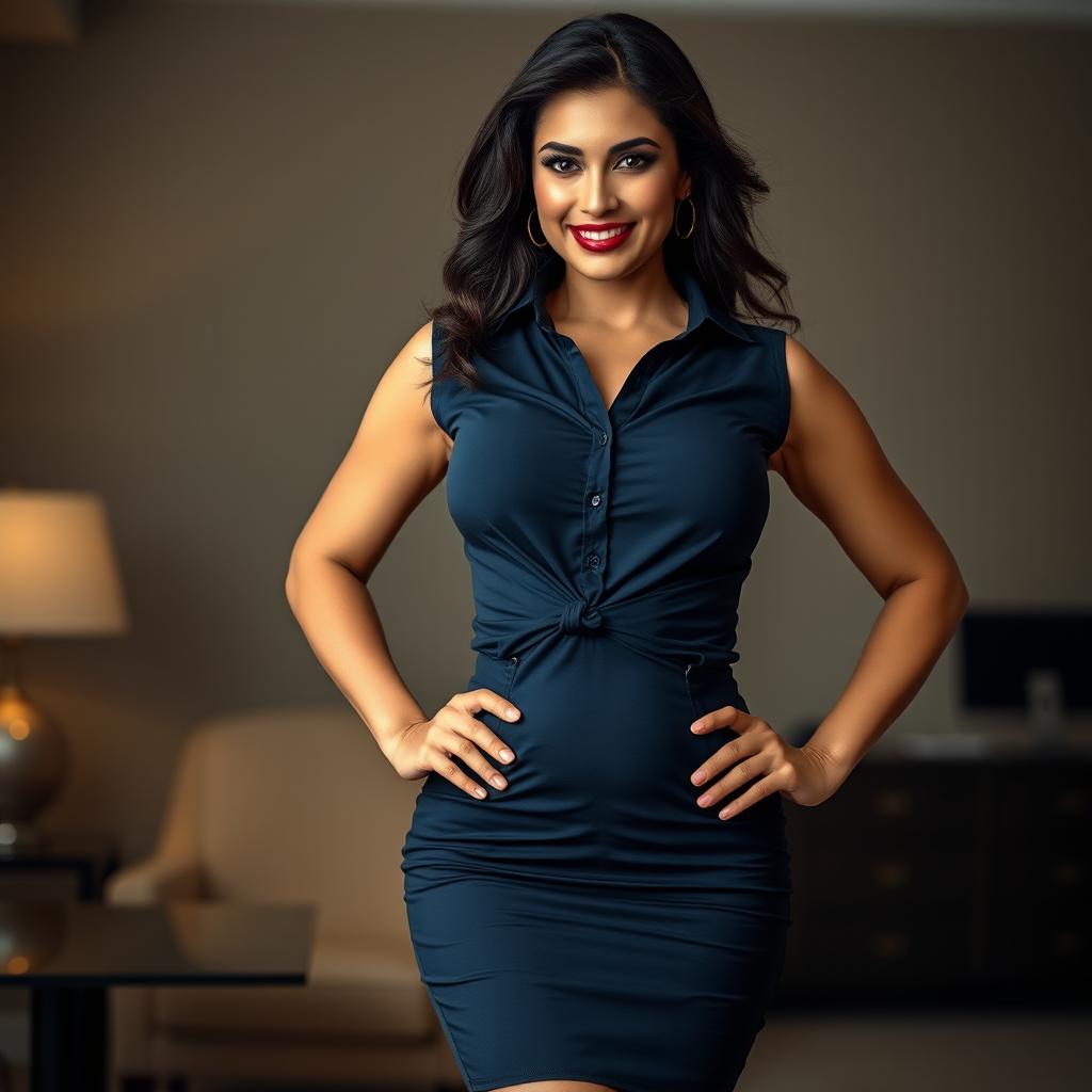 A gorgeous and domineering Iranian boss with a voluptuous hourglass figure, wearing a sleeveless, very tight form-fitting unbuttoned dark blue shirt pulled wide open, revealing her curves