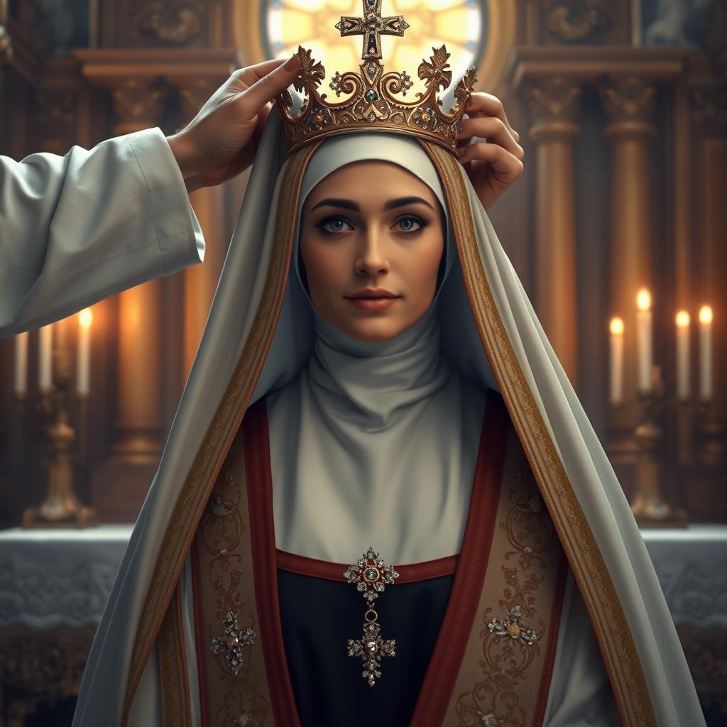 A hyper-realistic image of a nun being cloaked with the mantle, tunic, crown, and jewels of the Virgin of Mercy, set in a historical religious context