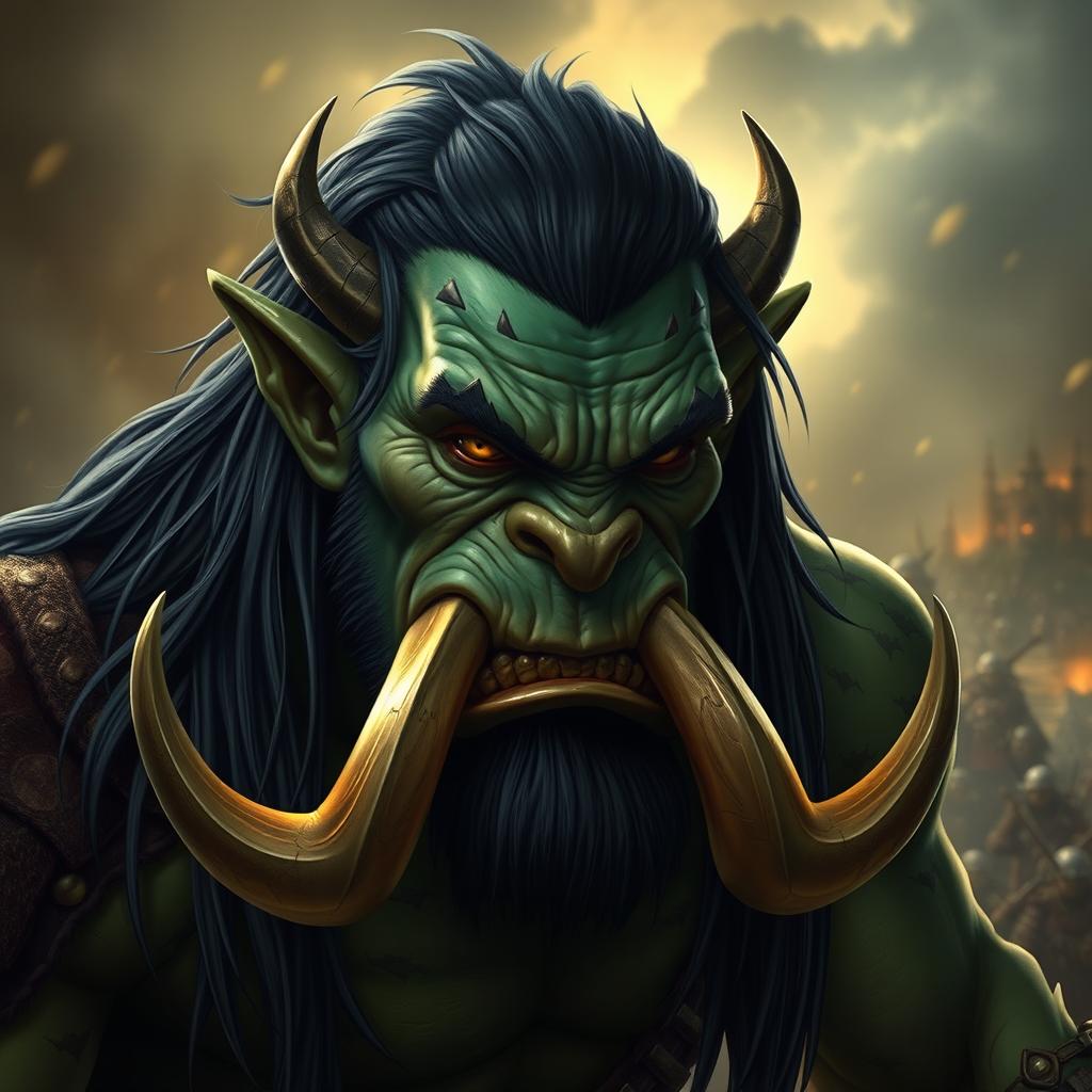 A fierce orc character with long black hair cascading down their shoulders, showcasing their rugged appearance