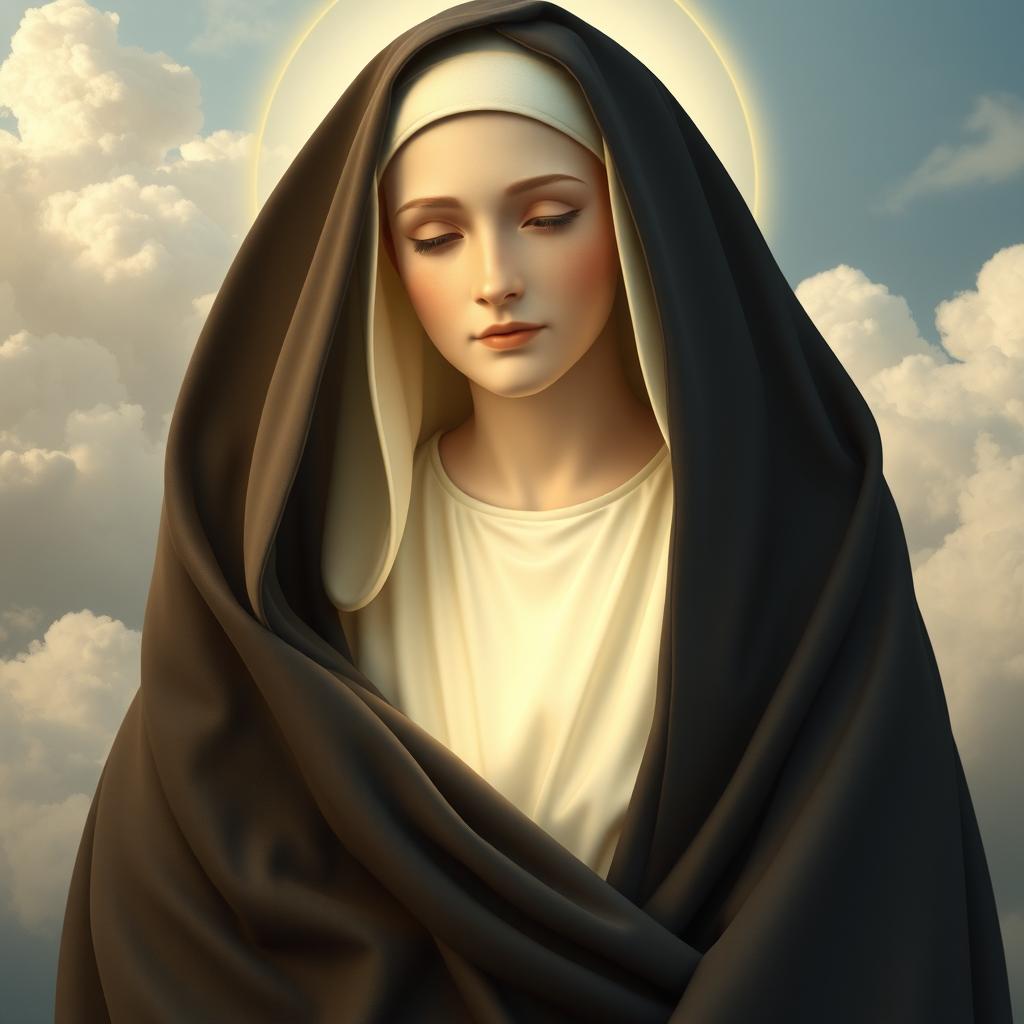 A hyper-realistic image of a nun being enveloped by the Virgin of Carmen through her mantle and tunic