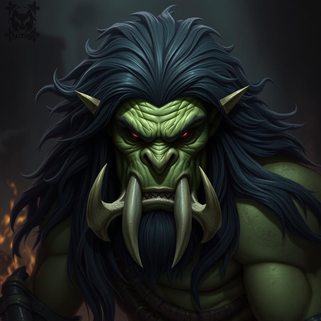 A formidable orc character with long, flowing black hair that gives them a wild yet noble appearance