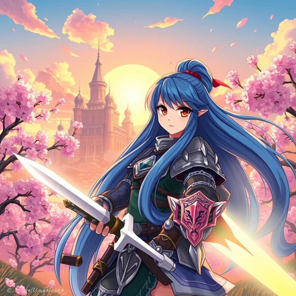 Anime-style illustration featuring a vibrant fantasy landscape with a majestic castle in the background