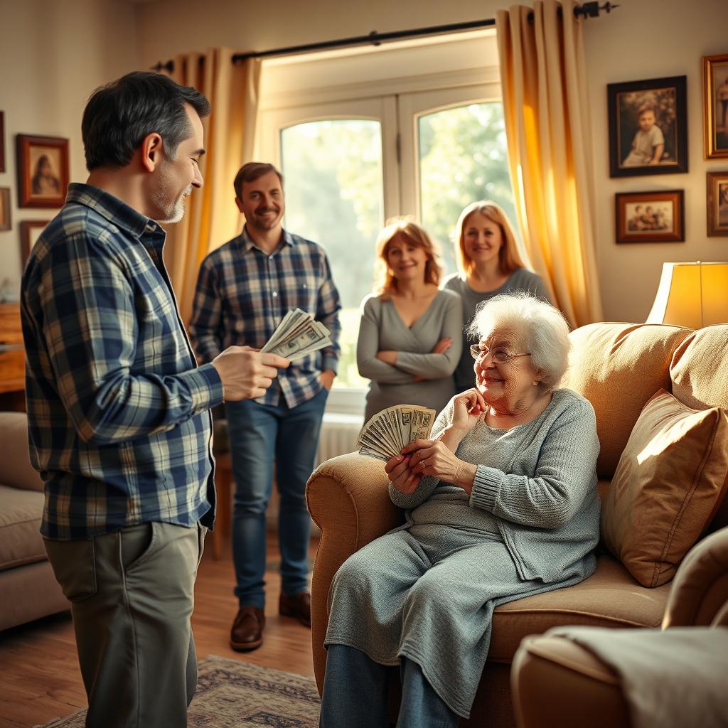 An elderly grandma sitting in her cozy living room, surrounded by her children