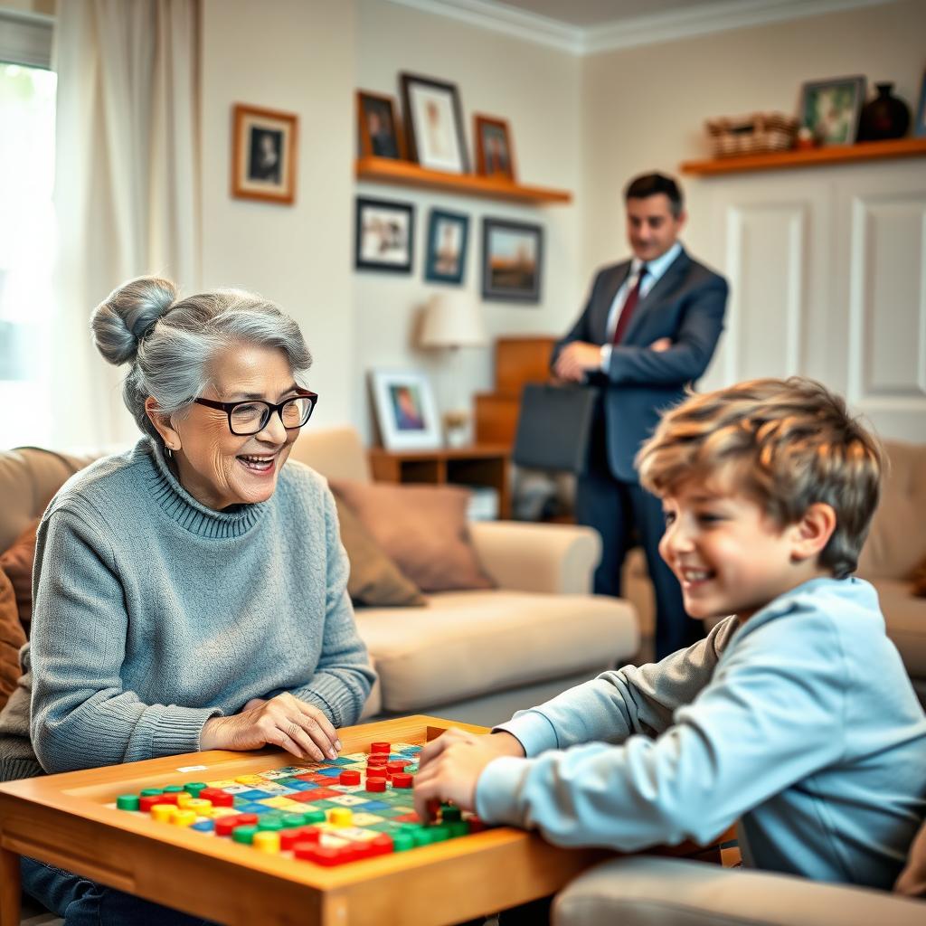 A warm, cozy living room scene depicting a grandmother joyfully spending time with her grandson