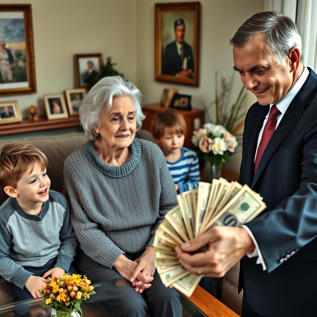 An elderly grandmother with silver hair wearing a cozy sweater, sitting in her comfortable living room filled with family photos, surrounded by her two young grandsons