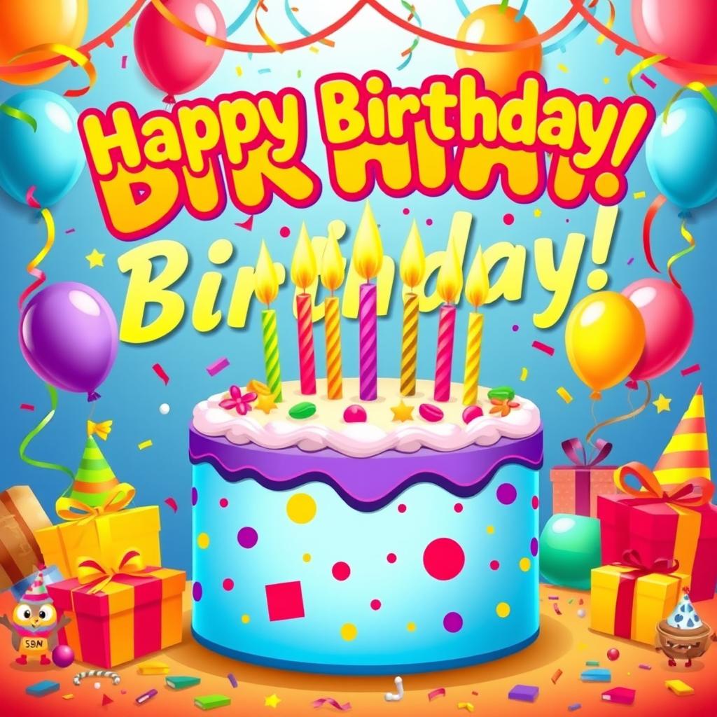A vibrant and colorful birthday poster featuring a large cake with lit candles at the center, surrounded by balloons, confetti, and streamers