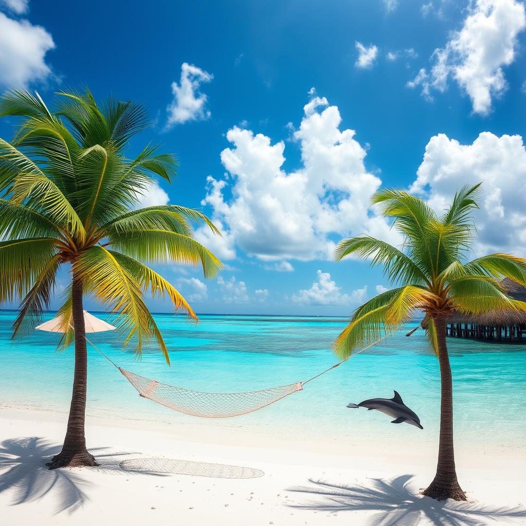A stunning, tropical island paradise surrounded by crystal-clear turquoise waters, featuring a white sandy beach lined with lush palm trees swaying in the gentle breeze
