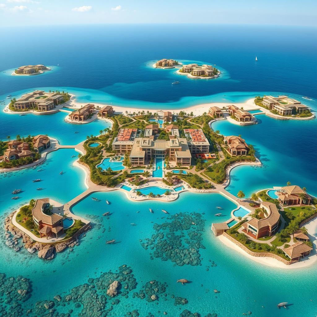 A detailed master plan of a large resort complex situated in the heart of the Red Sea, designed as a series of interconnected islands