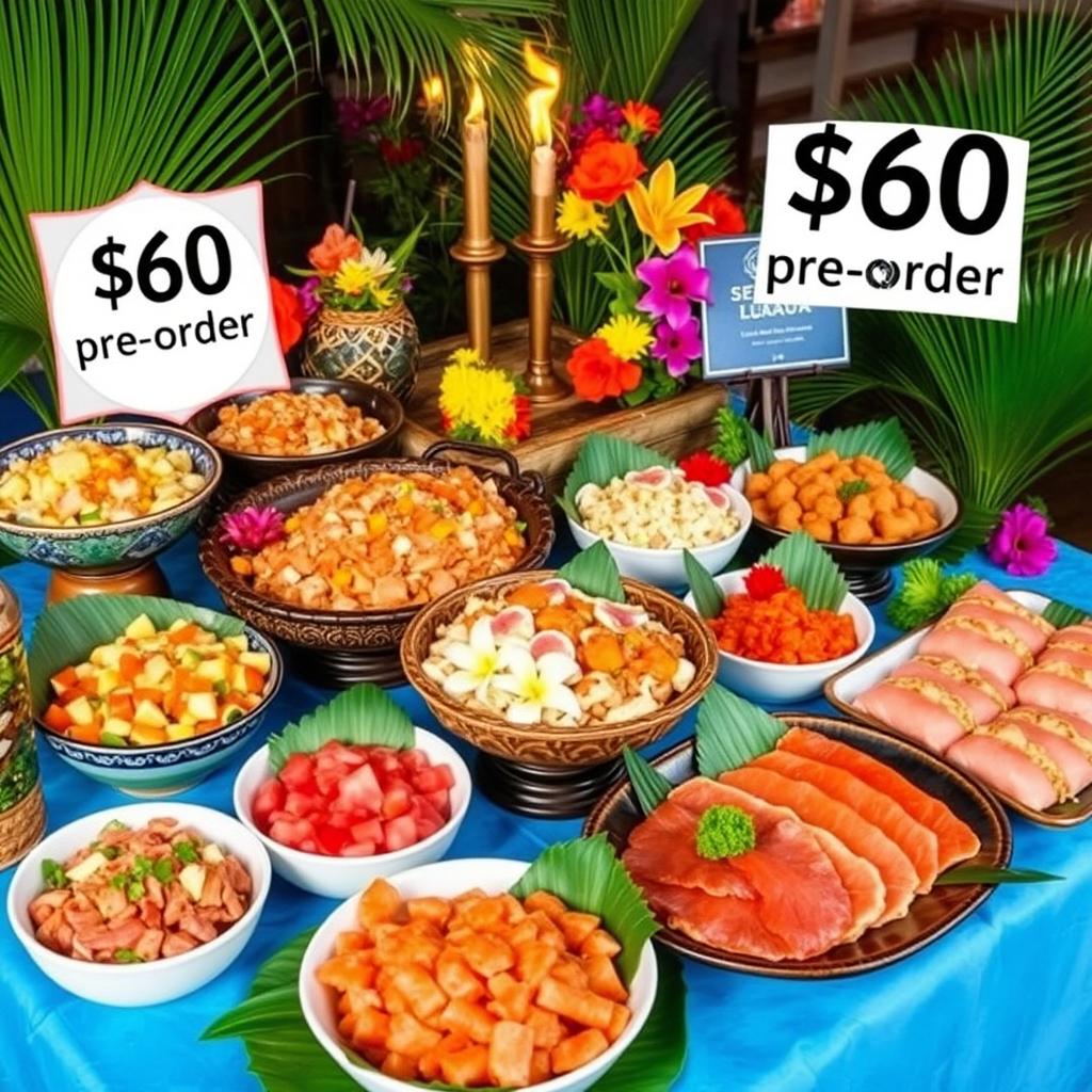 A colorful Seafood Luau display featuring a selection of exquisite Hawaiian seafood dishes, including fresh 'oka' (Hawaiian ceviche), vibrant poke bowls filled with diced fish, and elegantly plated sashimi