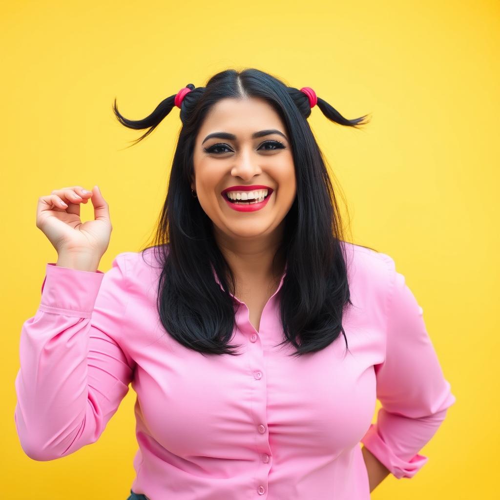 A joyful Persian woman in her 40s, featuring long black hair styled in playful pigtails