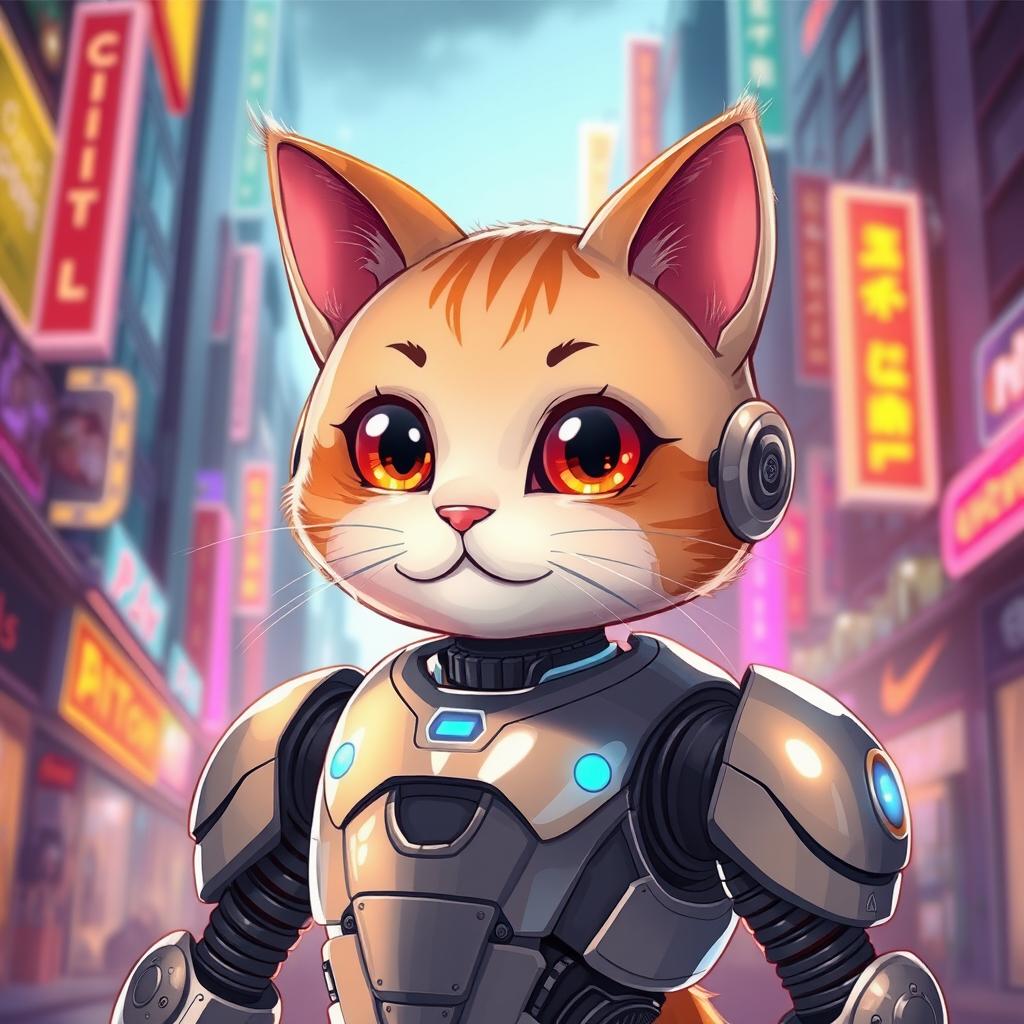 A whimsical illustration of a whimsical cat character seamlessly fused with a futuristic humanoid robot, showcasing a beautiful blend of soft fur with sleek metallic features