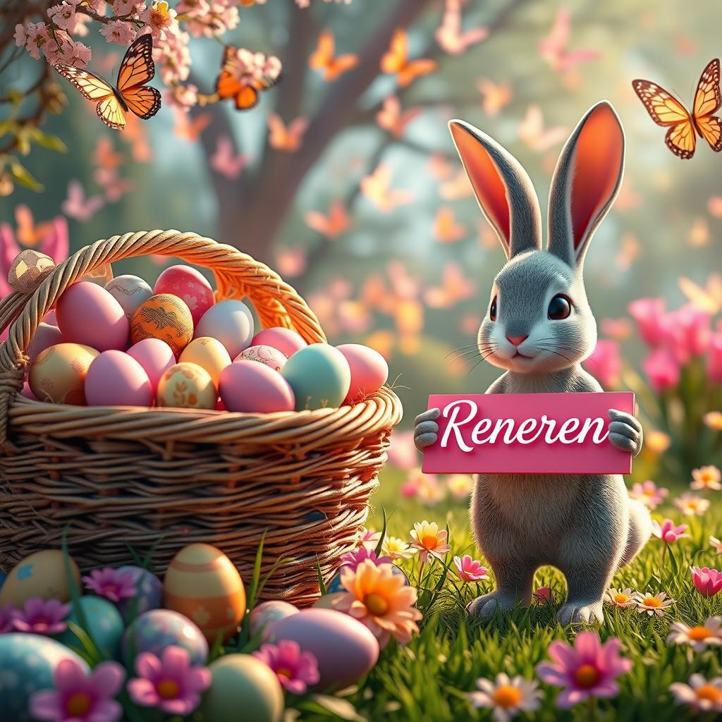 A vibrant 3D rendering of an enchanting Easter scene featuring a stunning overflowing basket of intricately detailed Easter eggs