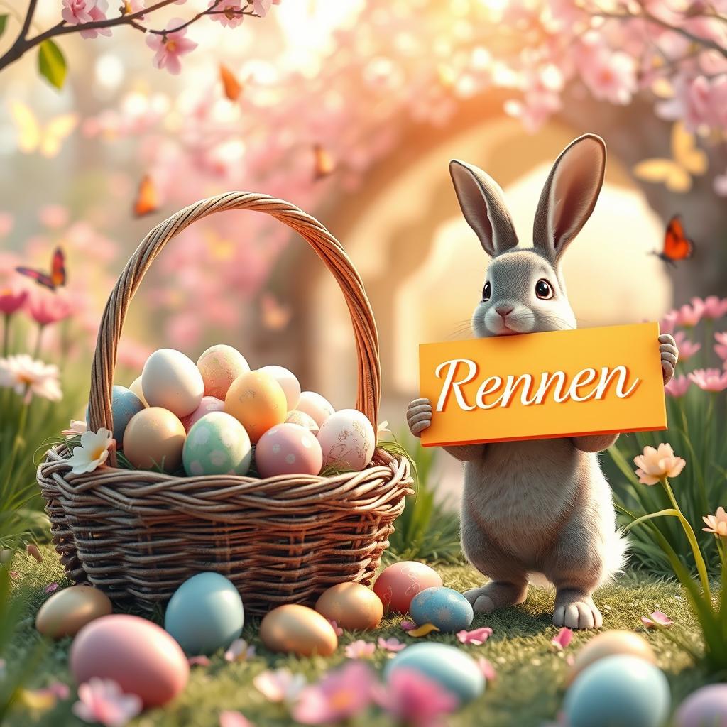 A captivating 3D rendering of an Easter scene with a stunning, overflowing basket filled with intricately detailed Easter eggs